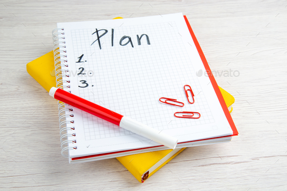 front view open notepad with plan list on white background color business job school drawing work