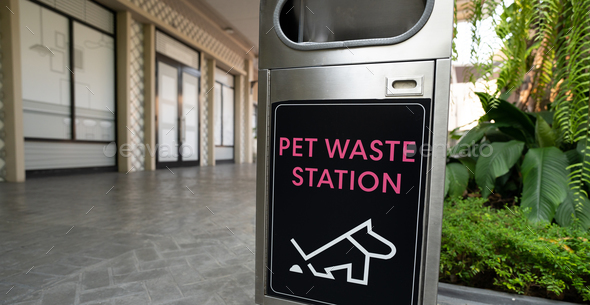 Pet waste station. Pet waste cleanup. Bin for dog owner cleanup dog excrement. Dog poop container.