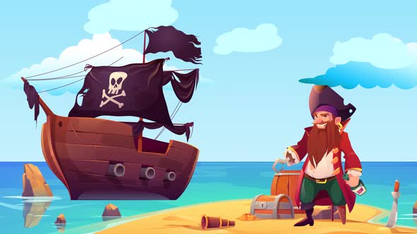 Cartoon Pirate On Treasure Island 4K