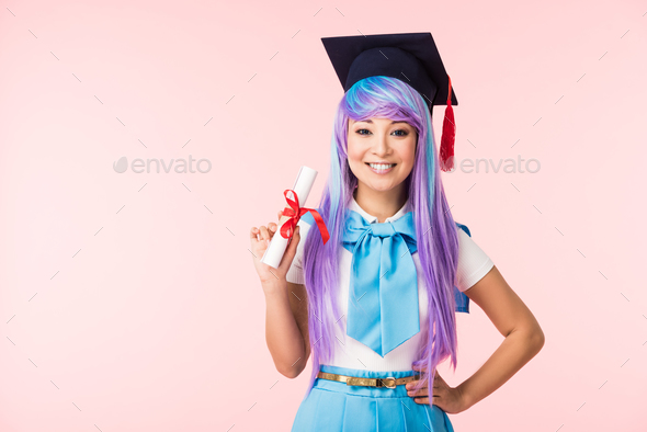 Asian anime girl in academic cap holding diploma isolated on pink Stock ...