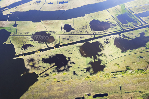 Aerial view of the marshy area of Lake Massaciuccoli - Stock Photo - Images