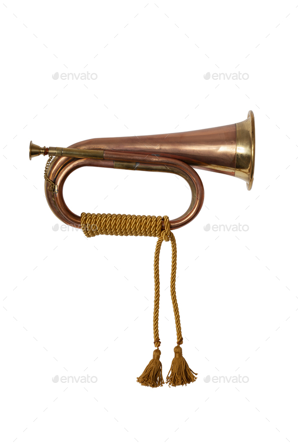Vintage style bugle with tassels isolated on a white background - Stock Photo - Images