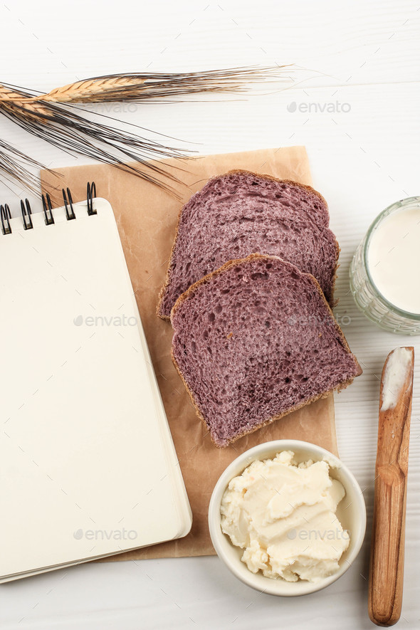 Top View Composition of Slice Homemade Purple Bread Made from Japanese Purple Sweet Potato
