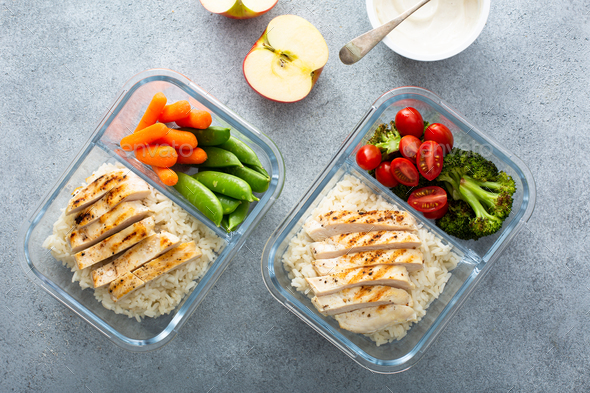 Meal prep containers with healthy lunch to go Stock Photo by fahrwasser