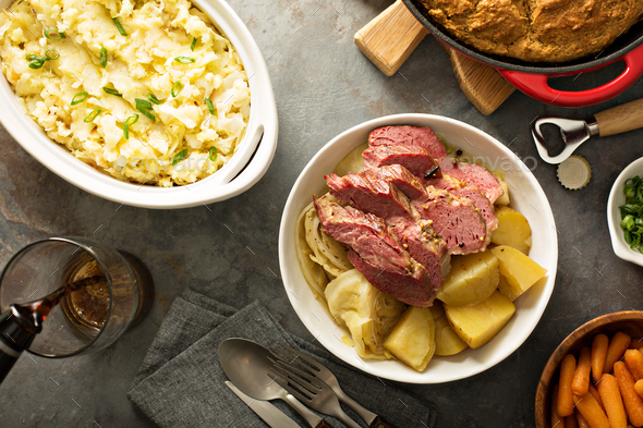 Irish dinner with corned beef, colcannon and soda bread