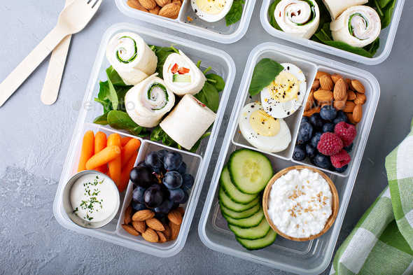 Meal prep containers with healthy lunch to go Stock Photo by fahrwasser