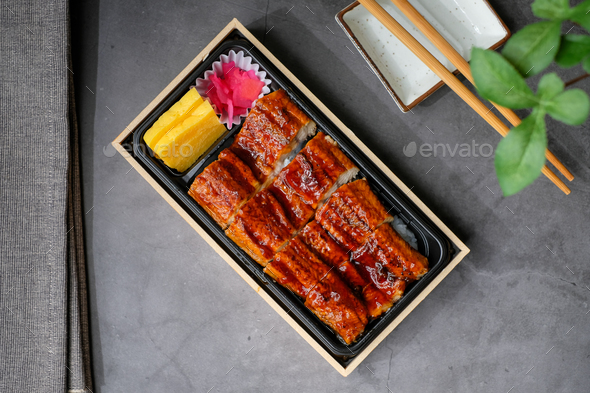 Grilled eel or unagi to-go lunch box. online food delivery concept .