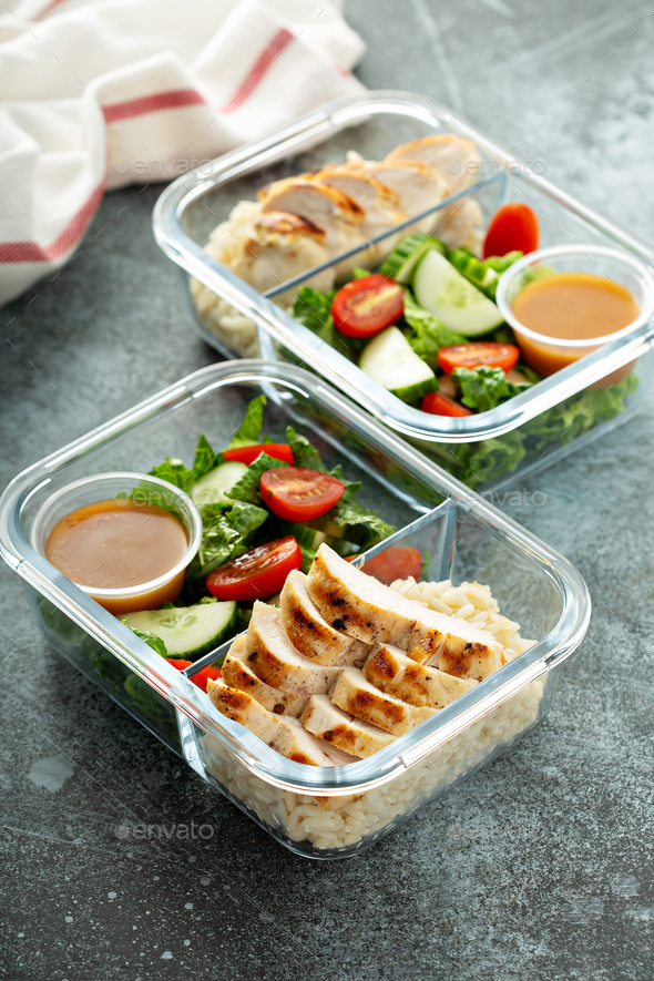 Meal prep containers with healthy lunch to go Stock Photo by fahrwasser