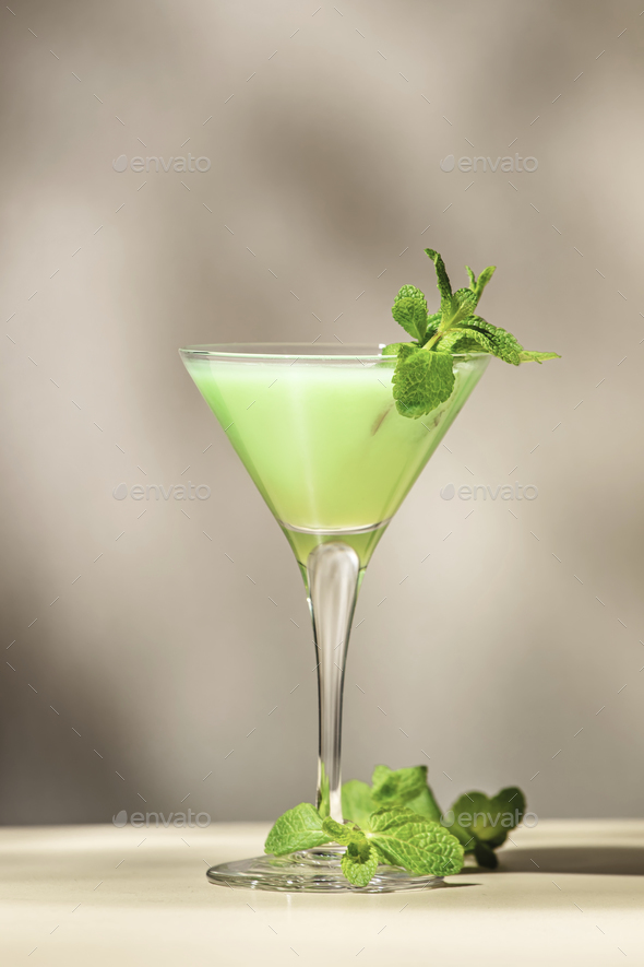 Grasshopper Green Alcoholic Cocktail Drink With Mint Liqueur Cream Ice And Fresh Mint Stock