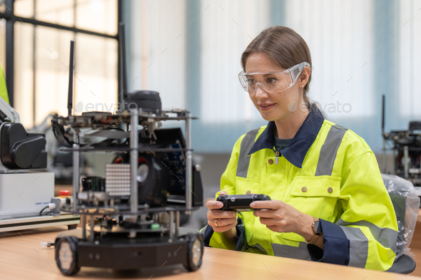 Female engineer using remote testing and control AI robot model in academy robotics laboratory room