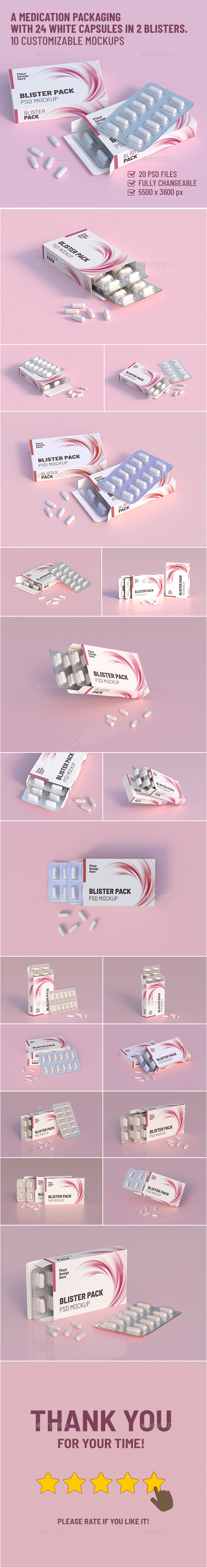 A medication packaging with 24 white capsules in 2 blisters. 20 customizable mockups