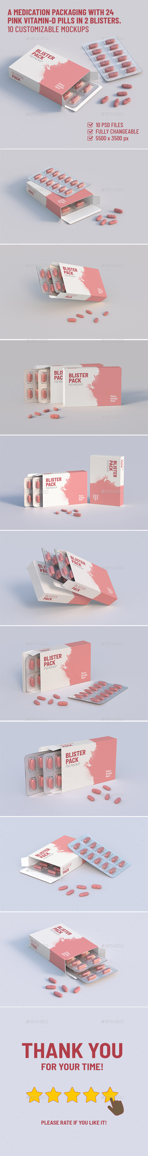 A medication packaging with 24 pink Vitamin D pills in 2 blisters. 10 customizable mockups