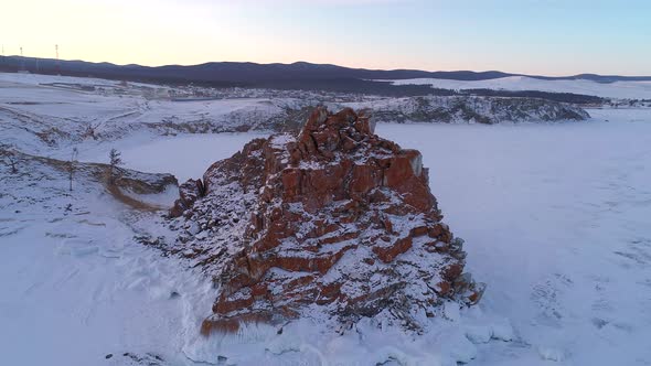 Aerial View on Shamanka Rock on Olkhon Island at Beautiful Sunrise alt
