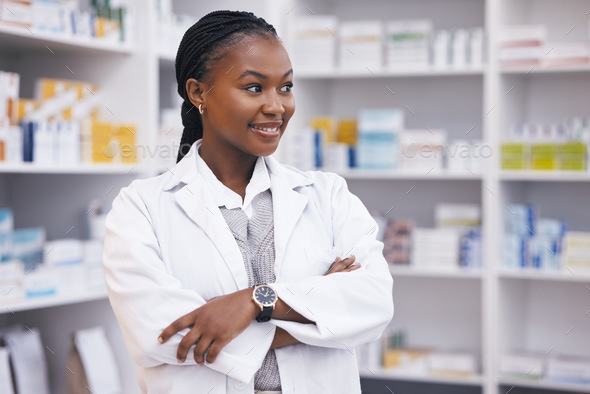 Pharmacy, pharmacist thinking or portrait of black woman with arms ...