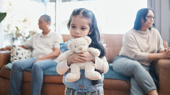 Divorce, mother and father with a sad girl, teddy bear and separation at home, living room and igno
