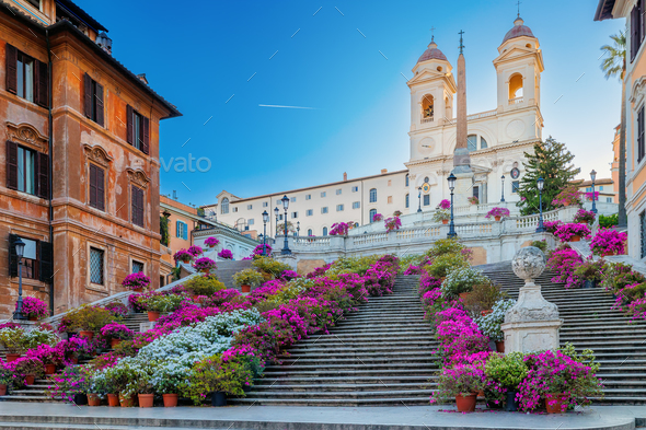 Spanish Steps in the morning with azaleas in Rome, Italy. - Stock Photo - Images