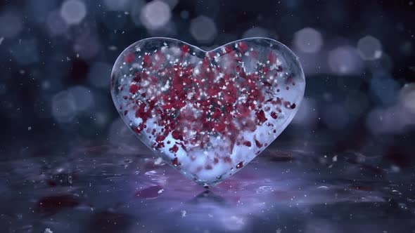 Blue Ice Glass Heart with snowflakes and red petals motion background Loop HD