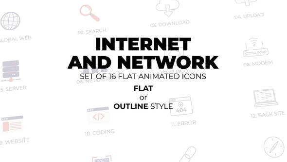 Internet and network - Set of 16 Animated Icons Flat or Outline style