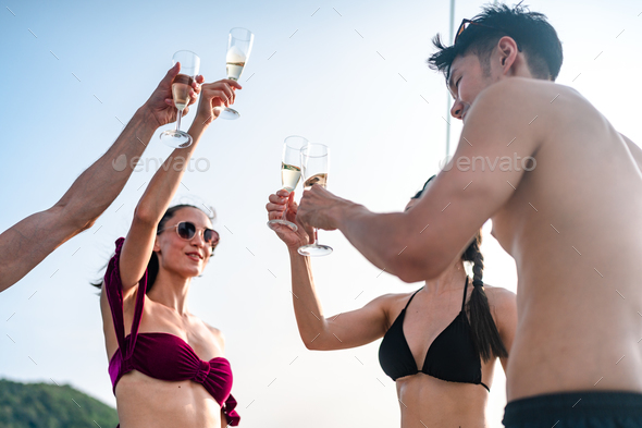 Group Of Friends Young Happy Attractive Men And Women In Bikini