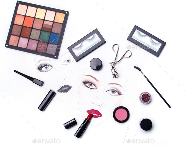 Face charts and different makeup objects and cosmetics
