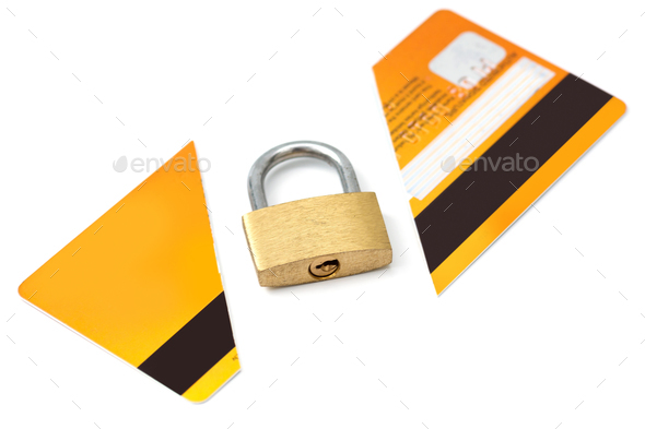 Padlock and broken credit card on white background