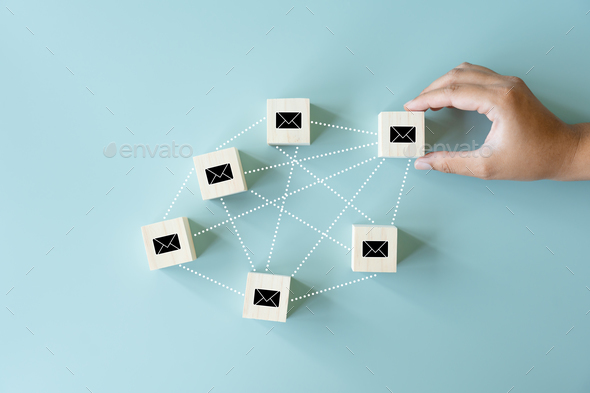 Sending and Receiving email concept using black envelopes and dot lines connecting each others