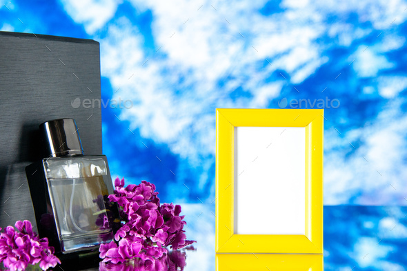front view black fragnance with yellow picture frame on blue background portrait scent presents