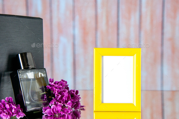 front view black fragnance with yellow picture frame on light background portrait scent flower love