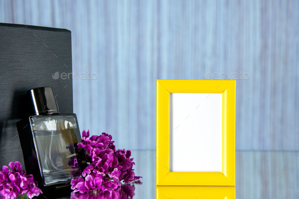 front view black fragnance with yellow picture frame on light background scent flower love portrait