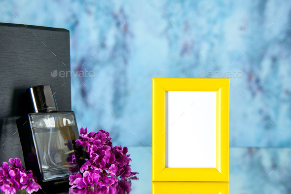 front view black fragnance with yellow picture frame on light background scent perfume flower love