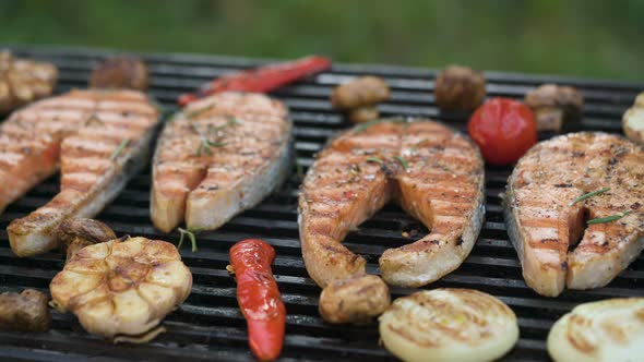 Grilled Salmon Steaks with Vegetables on the Grill
