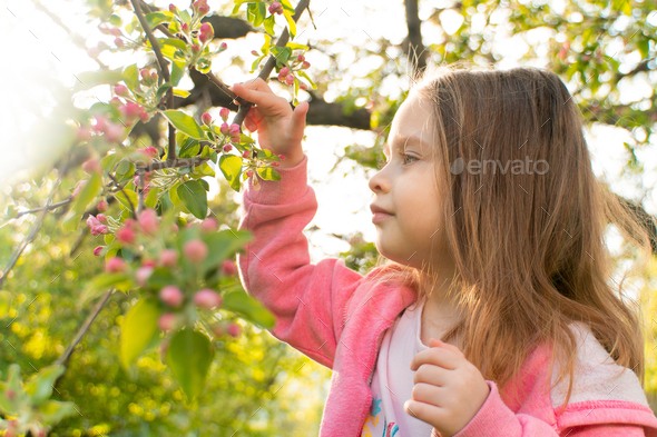 Cute little girl touching tree branch and enjoying blooming flowers ...