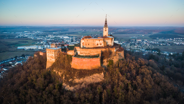 Aerial view of ancient castle Burg Guessing in Burgenland, Austria - Stock Photo - Images