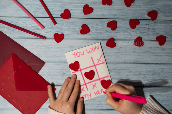 Valentines Day. Instructions for making valentine cards. Text YOU WON MY HEART and tic tac toe game