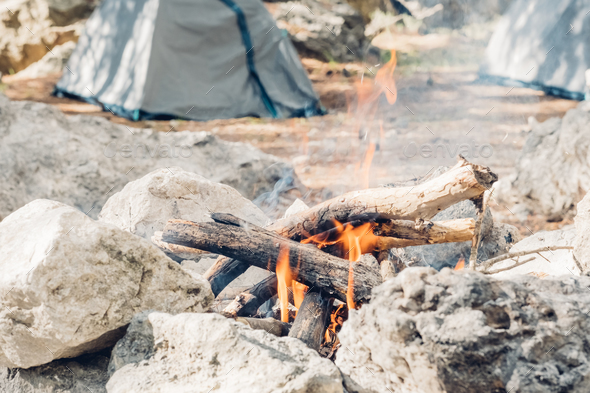 Dry branches and firewood are burning in bonfire near tent in mountain. - Stock Photo - Images