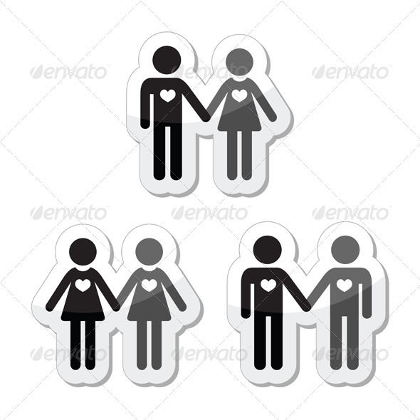 Hetero, gay, and lesbian love couples labels set - People Characters