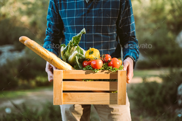 Caucasian man male holding wooden crate with vegan groceries organic vegetables and bread baguette