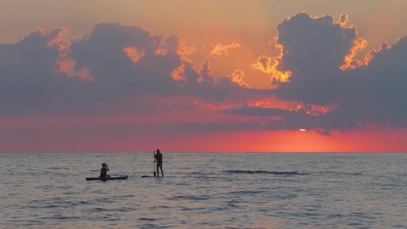 Silhouettes of People Surfers on the Sea at Sunset. alt