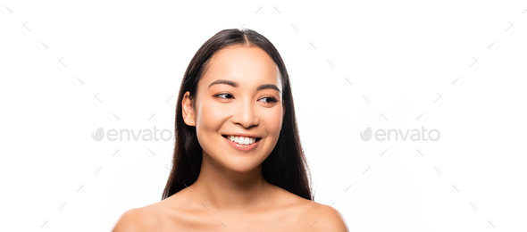 590px x 260px - naked beautiful asian woman looking down isolated on white Stock Photo by  LightFieldStudios