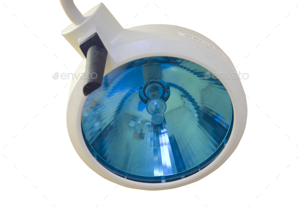 Low angle shot of a surgery lamp on a white background