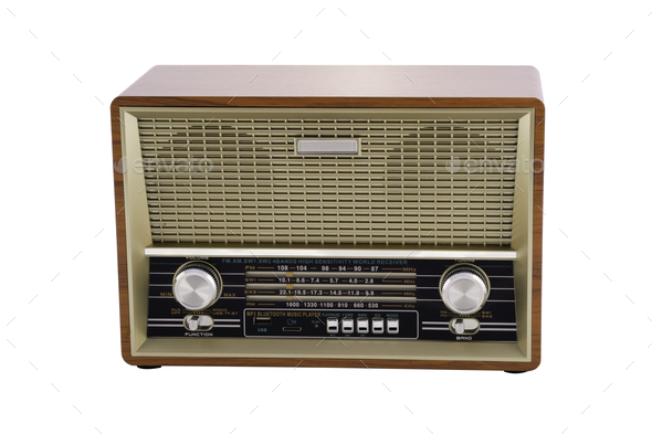 Old retro radio vintage. Old wooden retro style radio receiver vintage Radio,  Speaker, Old, isolated white background Stock Photo