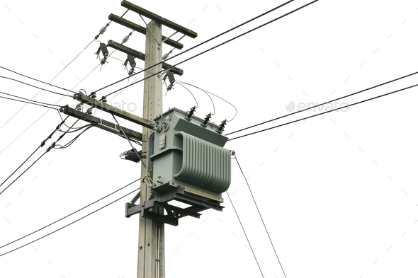 Distribution transformer on electric utility pole