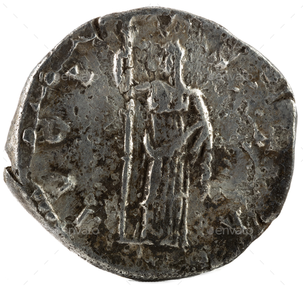 Closeup shot of an ancient Roman denarius coin with empress Faustina I inscription