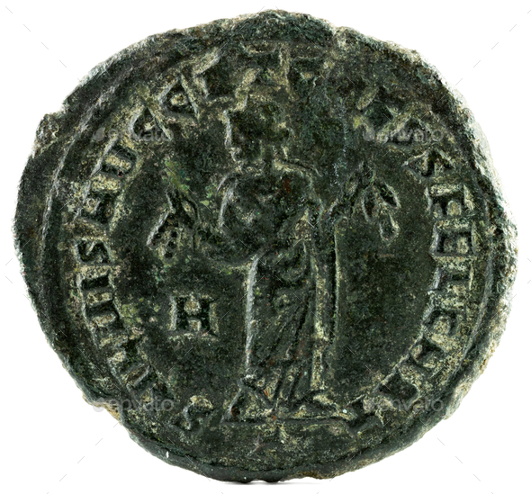 Closeup shot of an ancient Roman coin with emperor Severus inscription