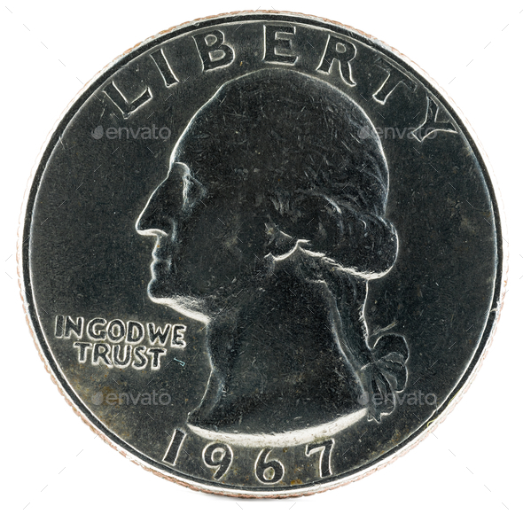 Closeup shot of an old United States coin, a quarter dollar from 1967, obverse