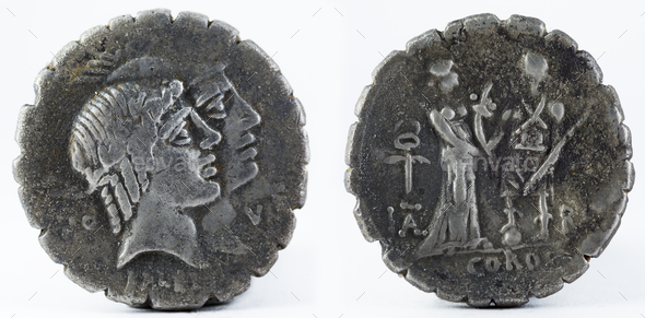 Closeup shot of ancient Roman denarius coin with Fufia family inscription