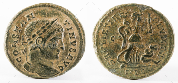 Closeup shot of an ancient Roman copper coin with Constantinus I Magnus inscription