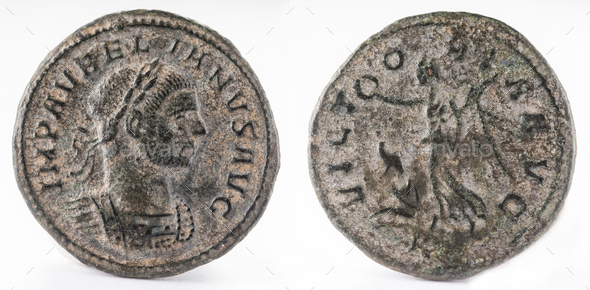 Closeup shot of an ancient Roman denarius copper coin with Emperor Aurelian inscription