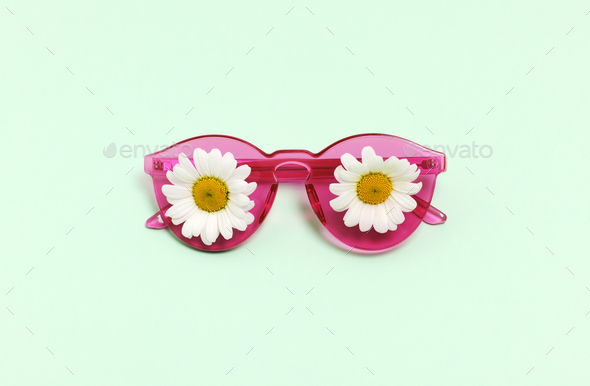 Pink sunglasses with daisies - Stock Photo - Images