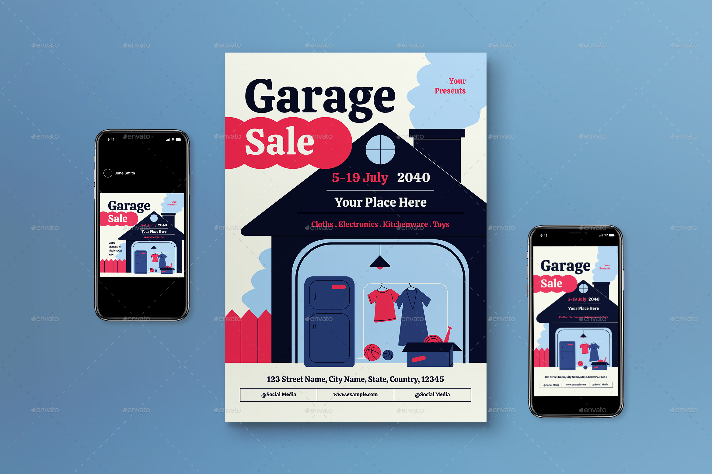 Blue Flat Design Garage Sale Flyer Set, Print Templates GraphicRiver